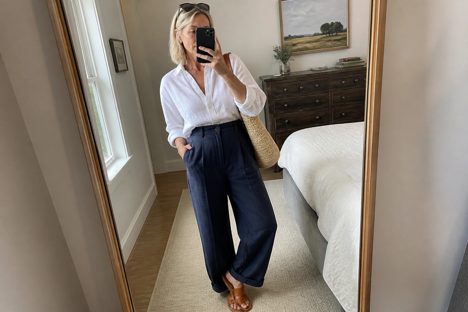 Woman in white shirt and navy wide-leg pants taking mirror selfie in bedroom