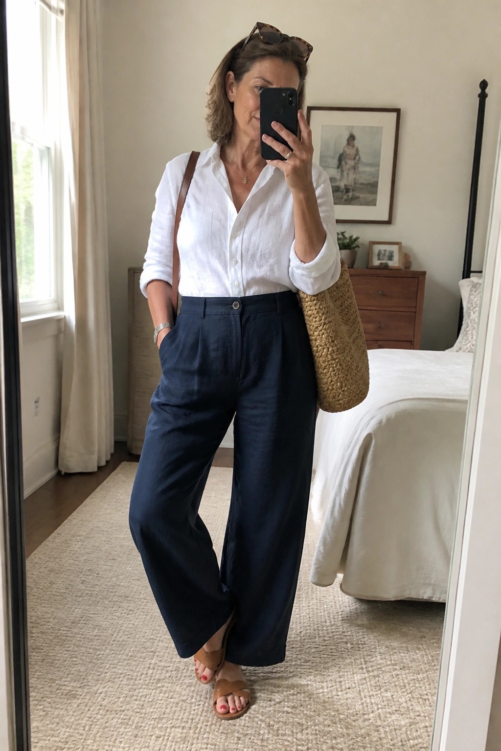 Woman in white shirt and navy wide-leg pants taking mirror selfie in bedroom