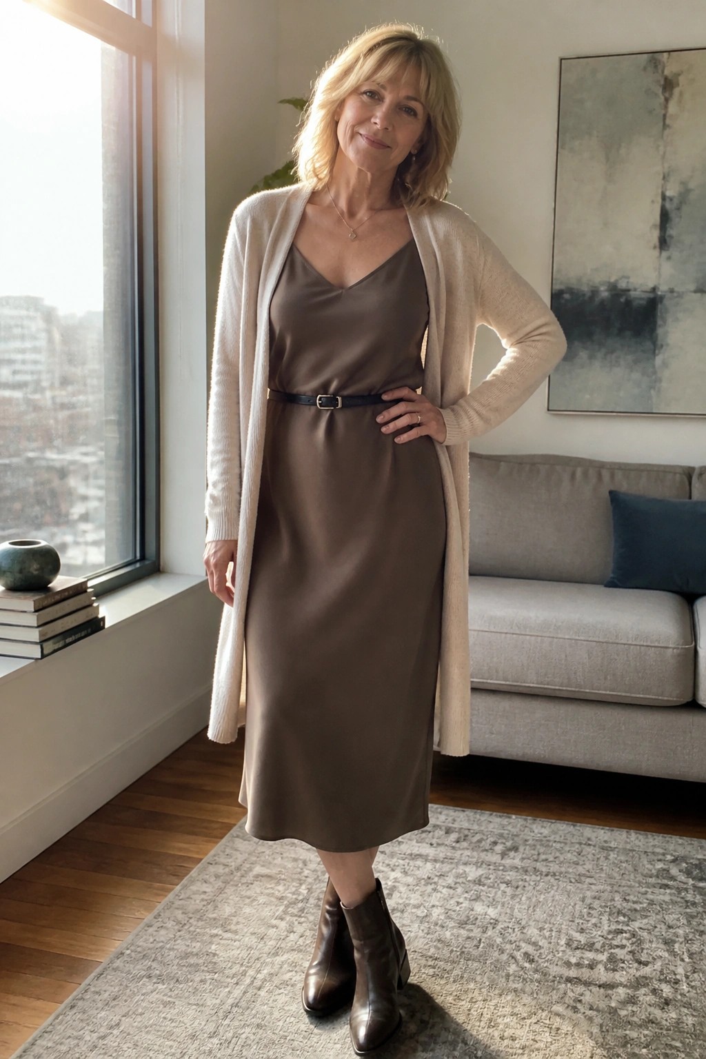 Woman in taupe slip dress with beige cardigan and brown boots in living room