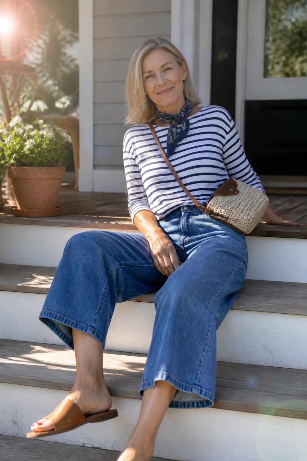 Blonde woman in striped shirt and wide-leg jeans seated on sunny porch steps with bag.