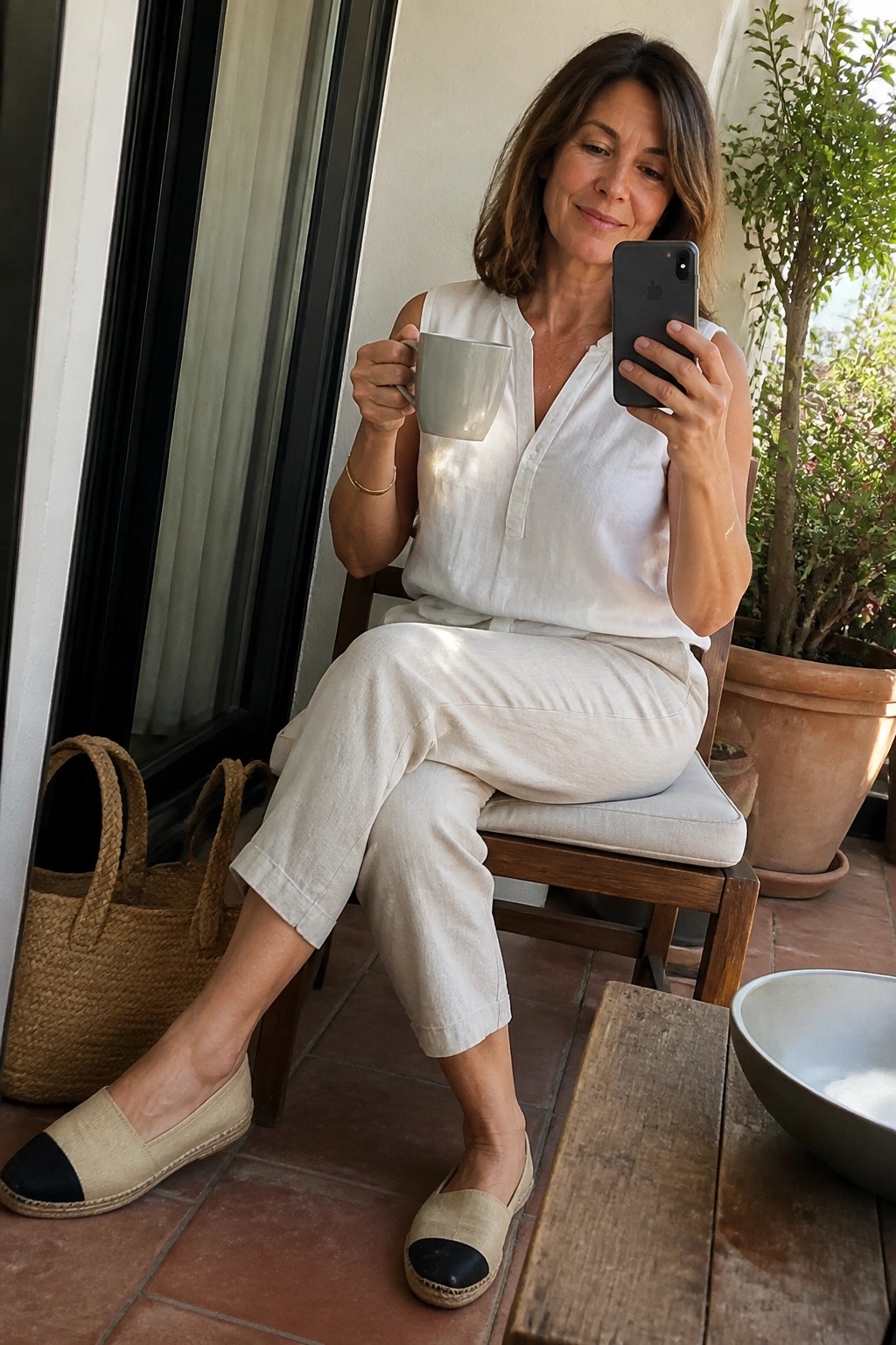 Woman in white linen holding phone and mug for selfie on sunny patio
