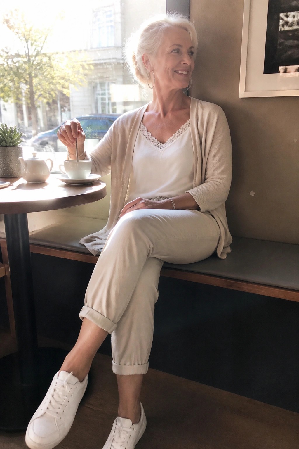 Smiling white-haired woman in beige cardigan stirs tea at sunny cafe table