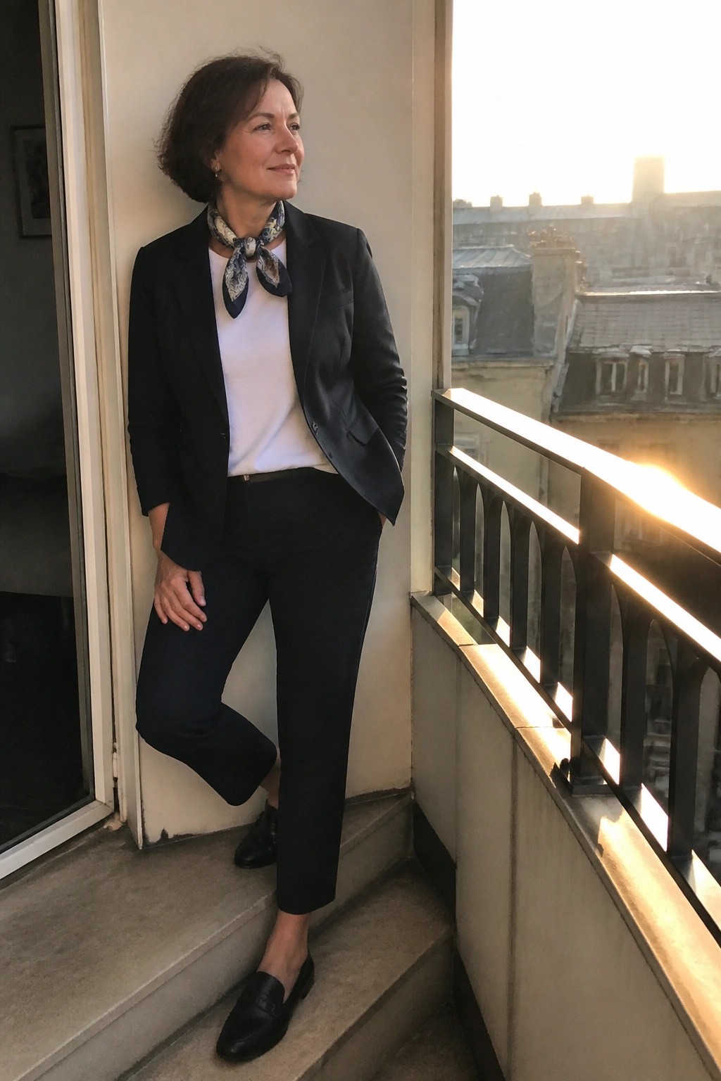 Woman over 50 wearing a black blazer over a white t-shirt, black cropped trousers, patterned neck scarf, and black loafers in a standing pose on a balcony.