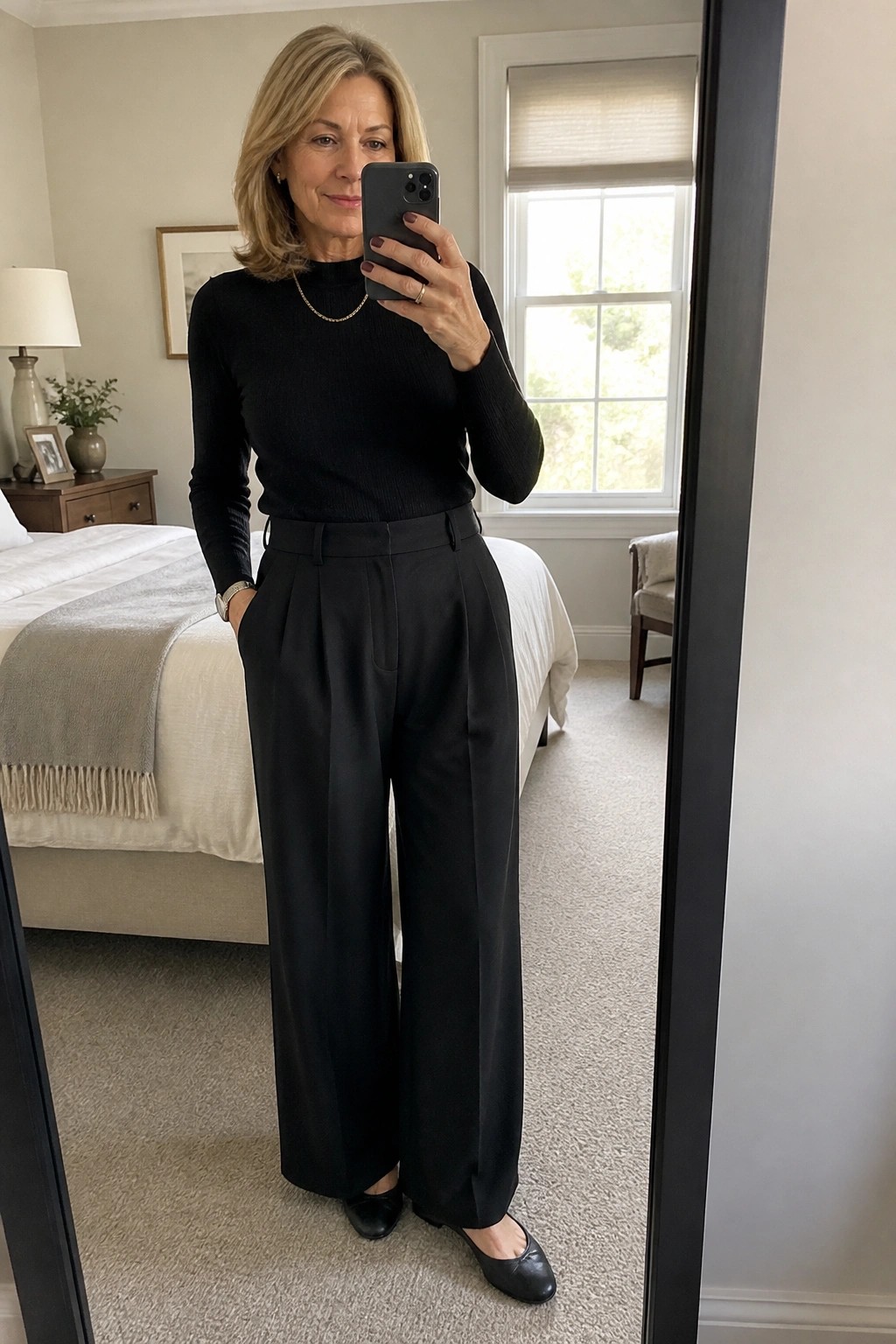 Woman in black turtleneck and wide-leg pants taking mirror selfie in bedroom