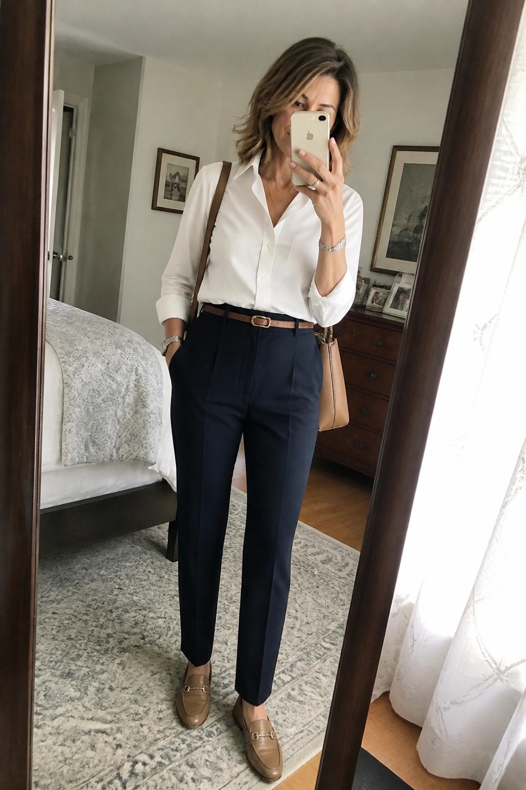 Woman taking a mirror selfie in a white button down shirt tucked into navy pleated trousers with a brown belt brown loafers and a matching crossbody bag.