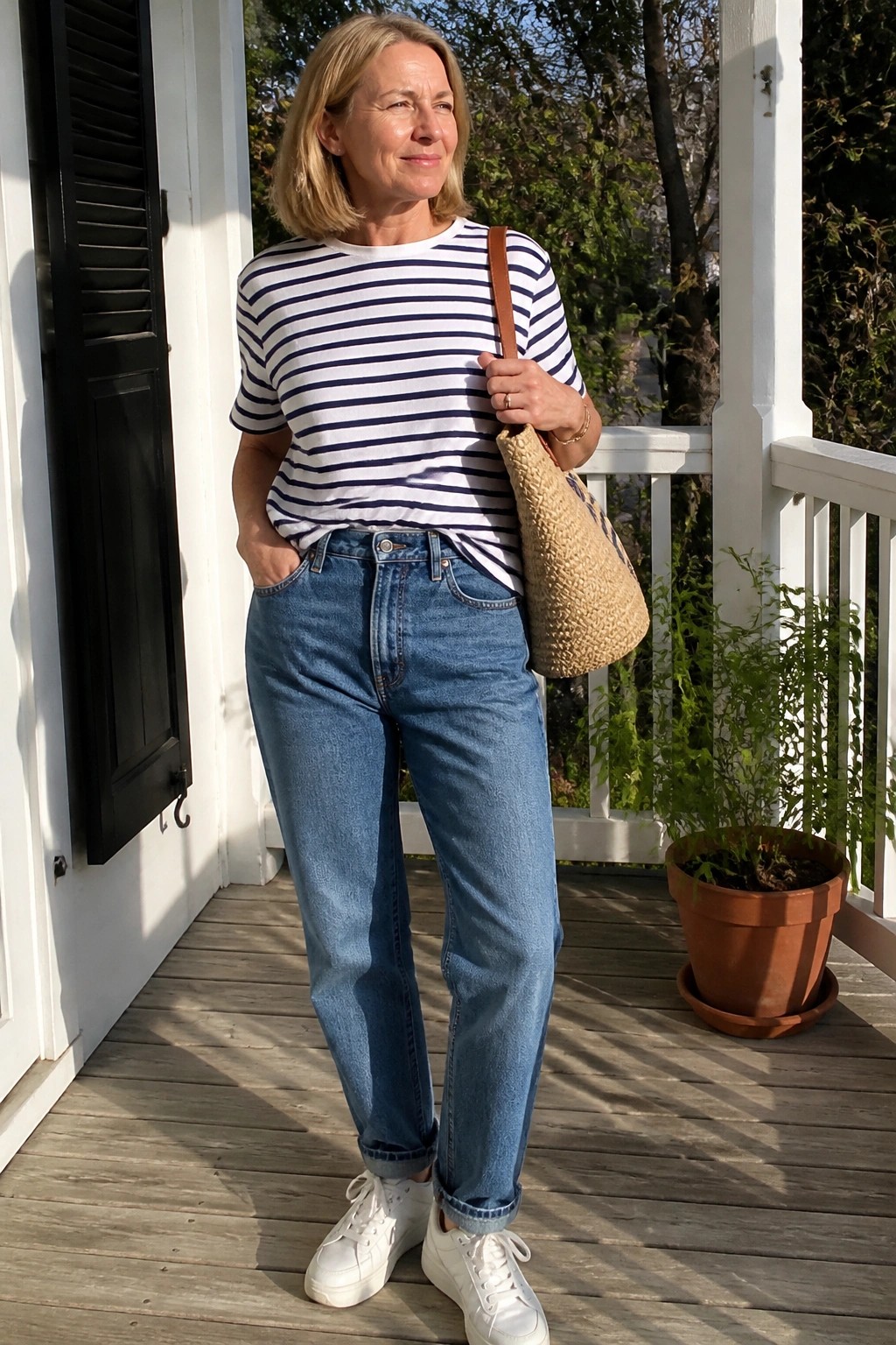 Blonde woman in striped shirt and jeans holds straw bag on sunny porch.