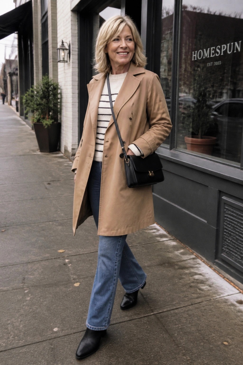 Blonde woman in tan trench coat and striped sweater walking on sidewalk