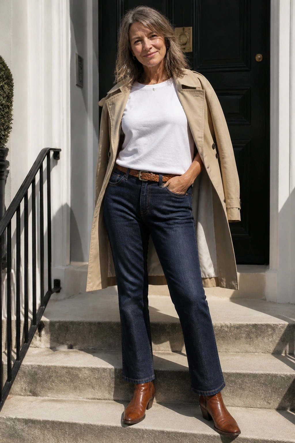 Woman over 50 wearing open beige trench coat over white t-shirt, dark blue straight leg jeans with brown woven belt, and brown leather ankle boots standing on stone steps.