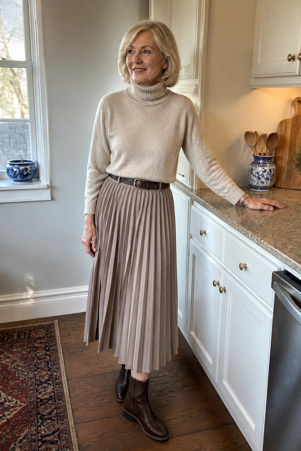 Woman over 50 wearing a beige turtleneck sweater tucked into a taupe pleated midi skirt with a brown leather belt and matching ankle boots.