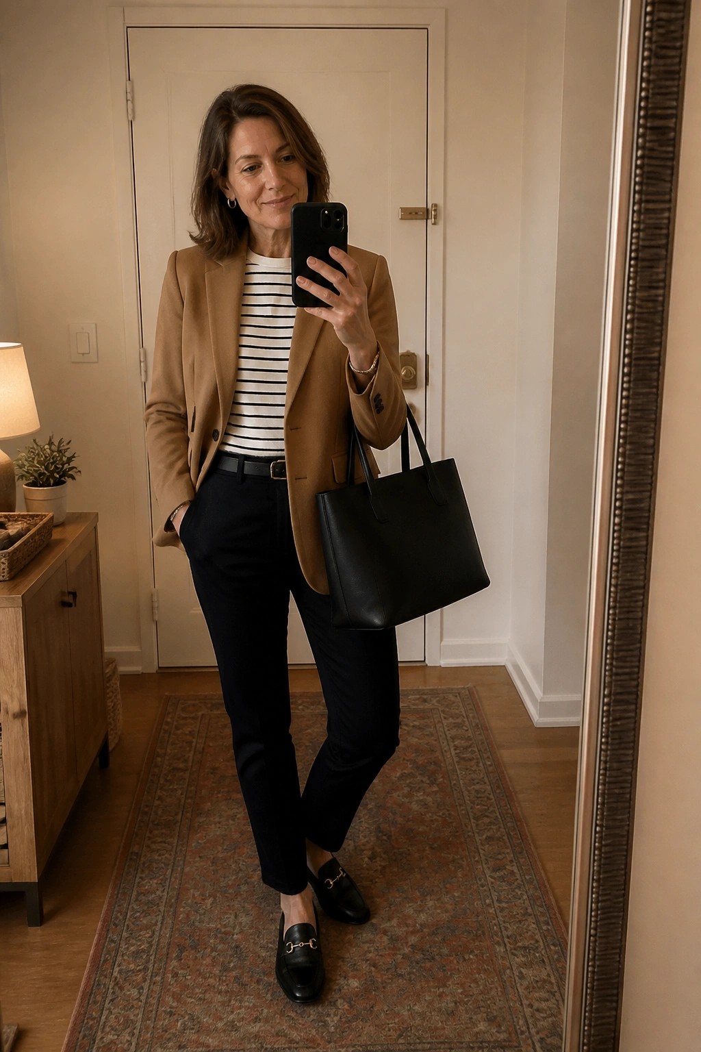 Woman over 50 in a camel blazer over a black and white striped top paired with slim black pants a black belt and black loafers holding a large black tote while taking a mirror selfie