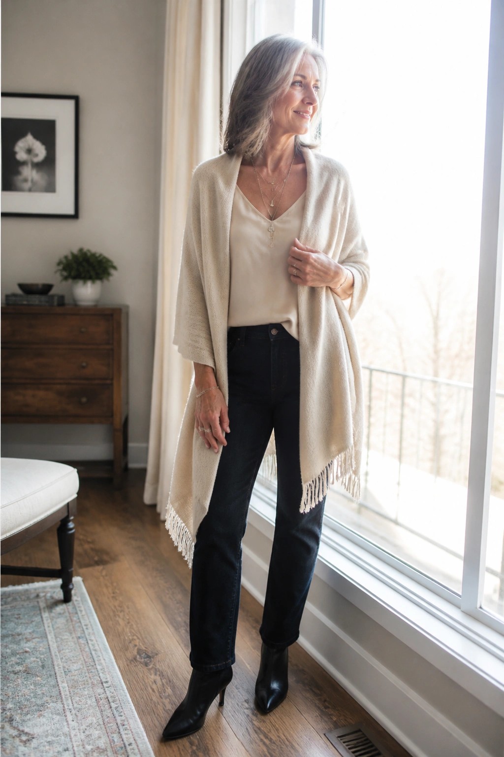 Elegant gray-haired woman in cream fringed cardigan, dark jeans, and black boots by window