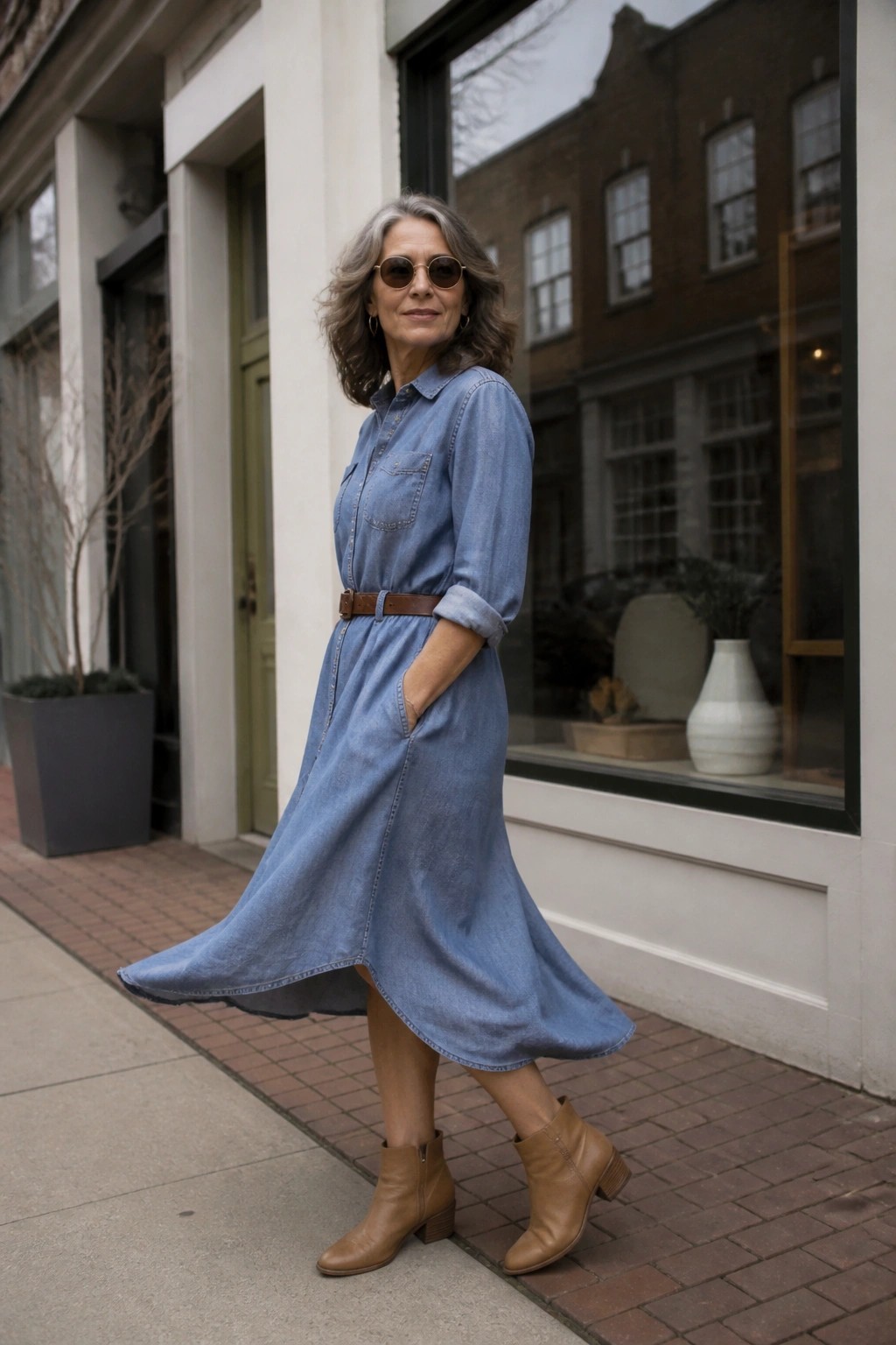 Woman in blue denim shirt dress and brown boots on urban sidewalk