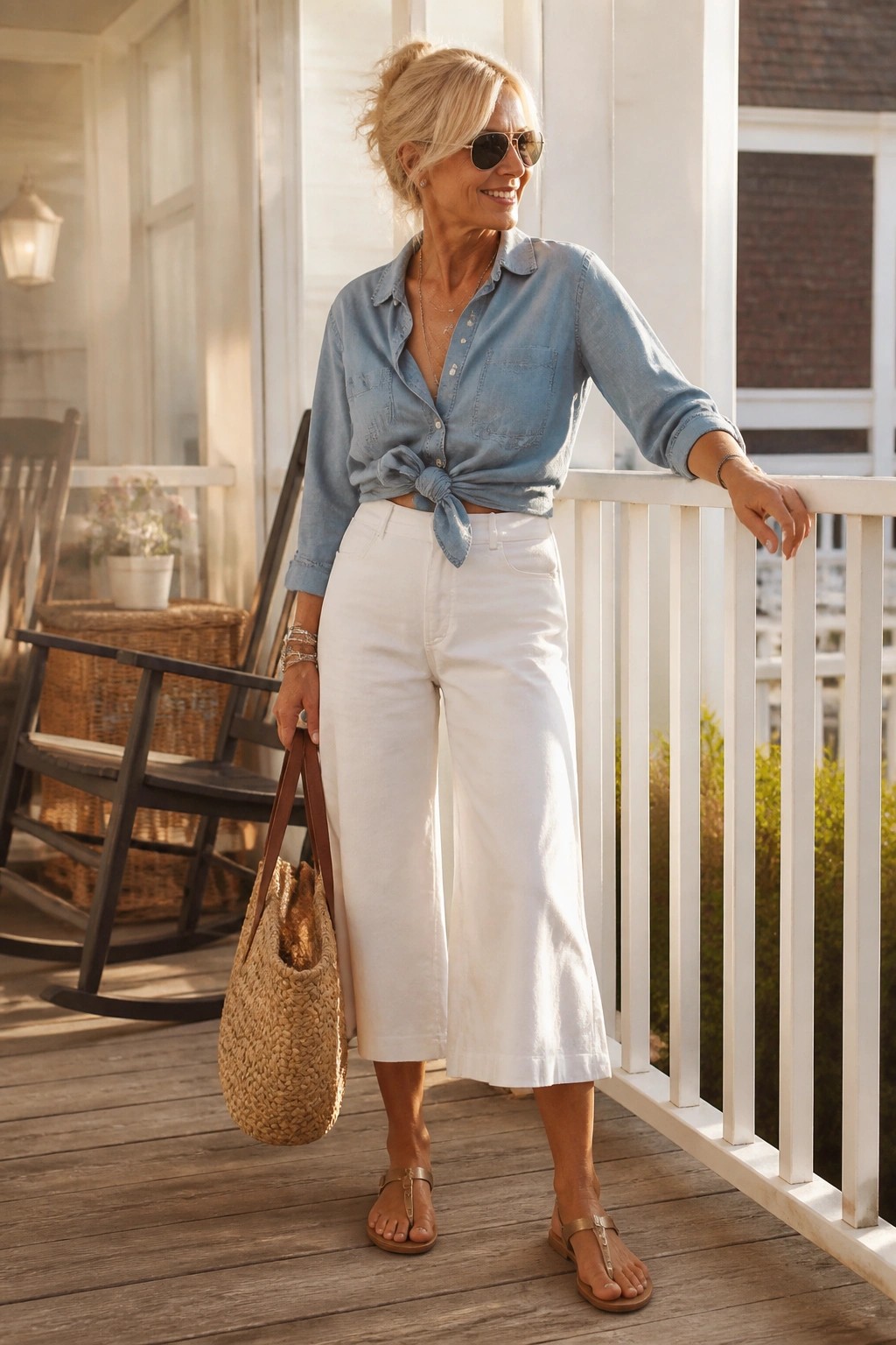 Blonde woman in tied blue denim shirt and white pants holding straw bag on porch