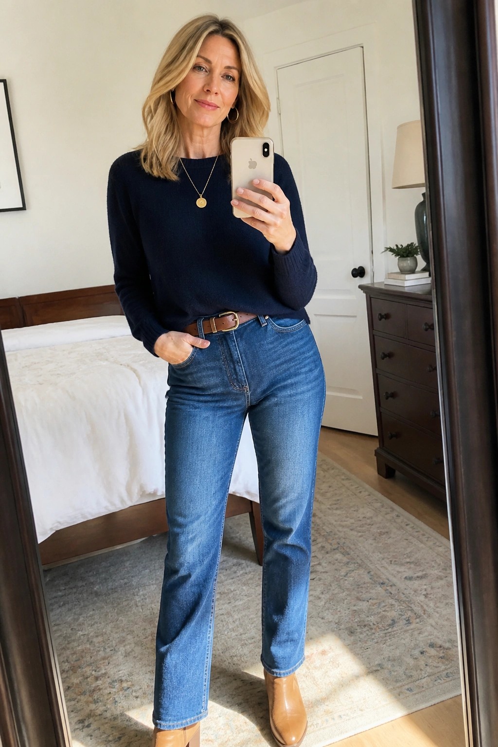 Blonde woman in navy sweater and blue jeans taking mirror selfie with phone.