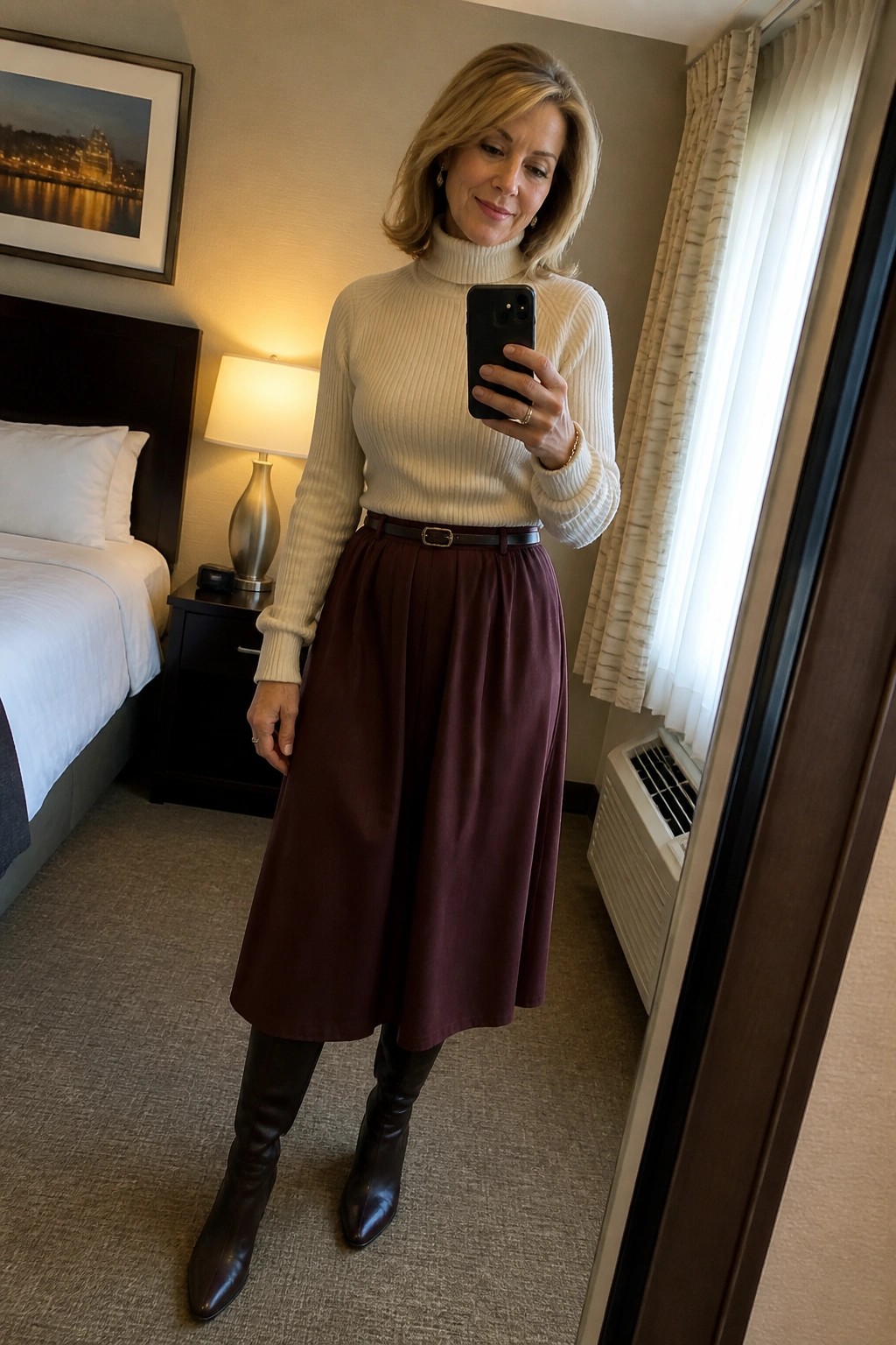 Woman in cream turtleneck and maroon skirt taking mirror selfie in hotel room