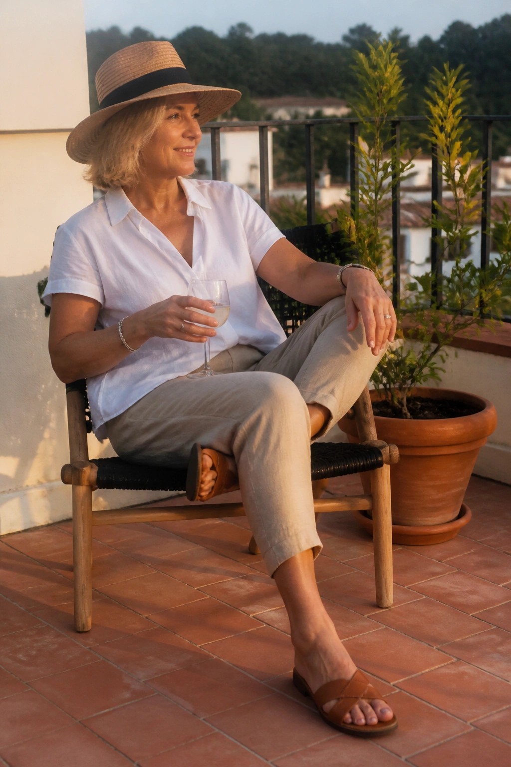 Blonde woman in straw hat and white shirt holds wine glass on sunny terrace