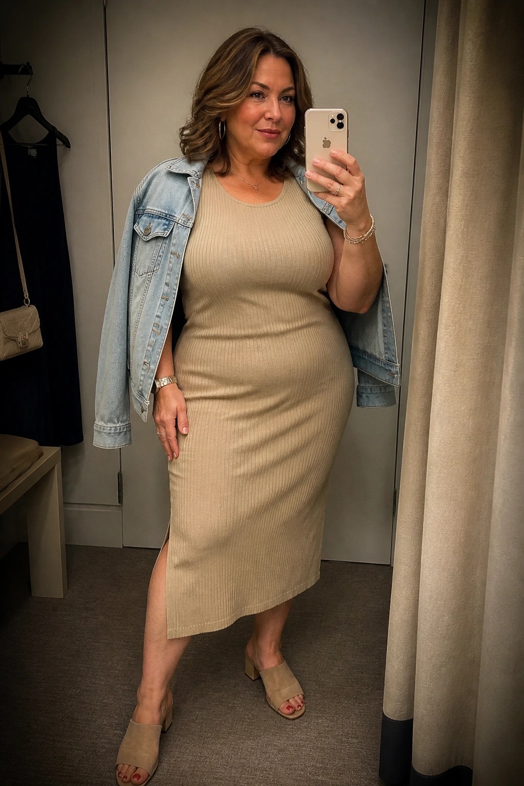 Woman in beige ribbed dress and denim jacket taking mirror selfie in fitting room