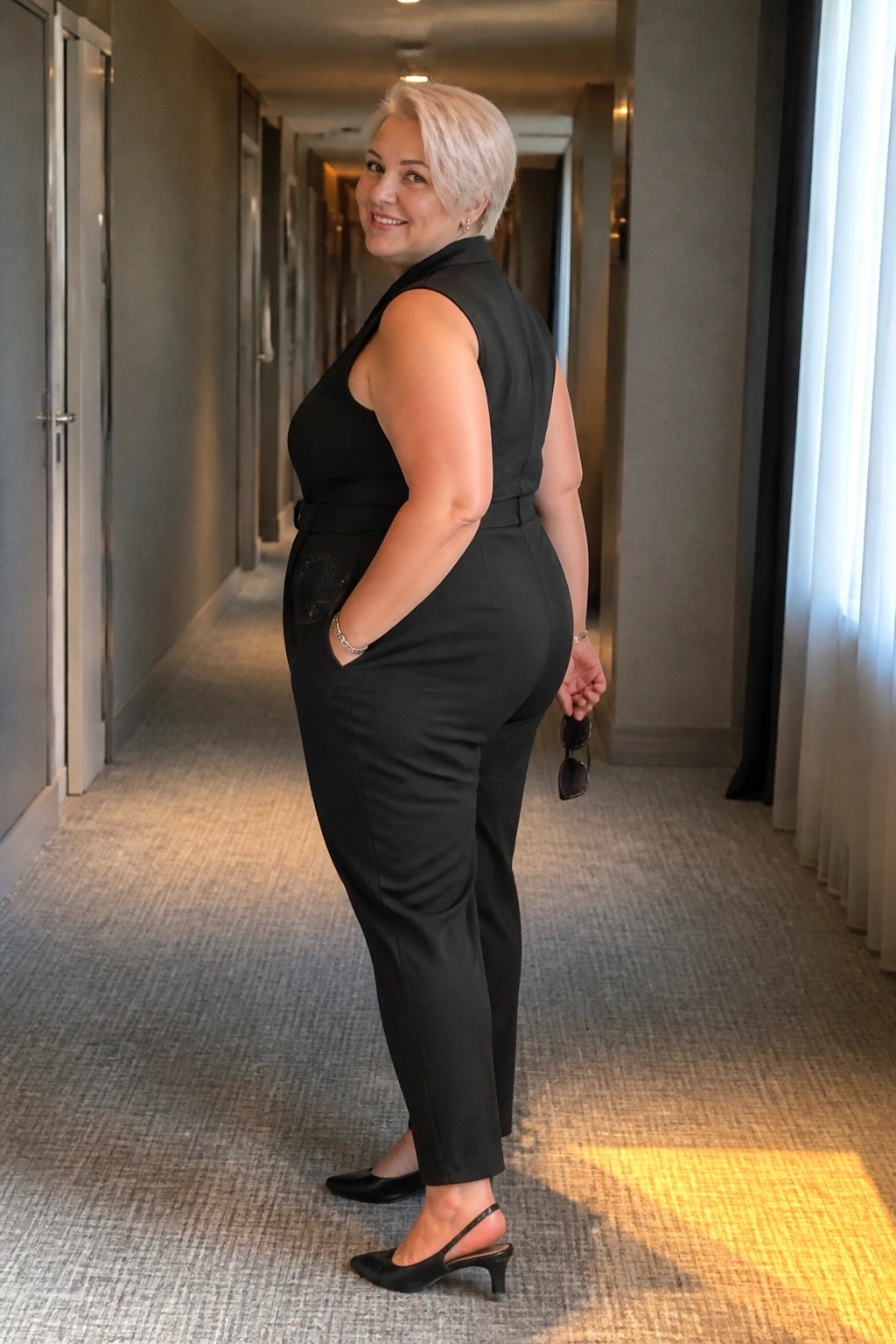 Short-haired woman in black jumpsuit smiling over shoulder in hallway