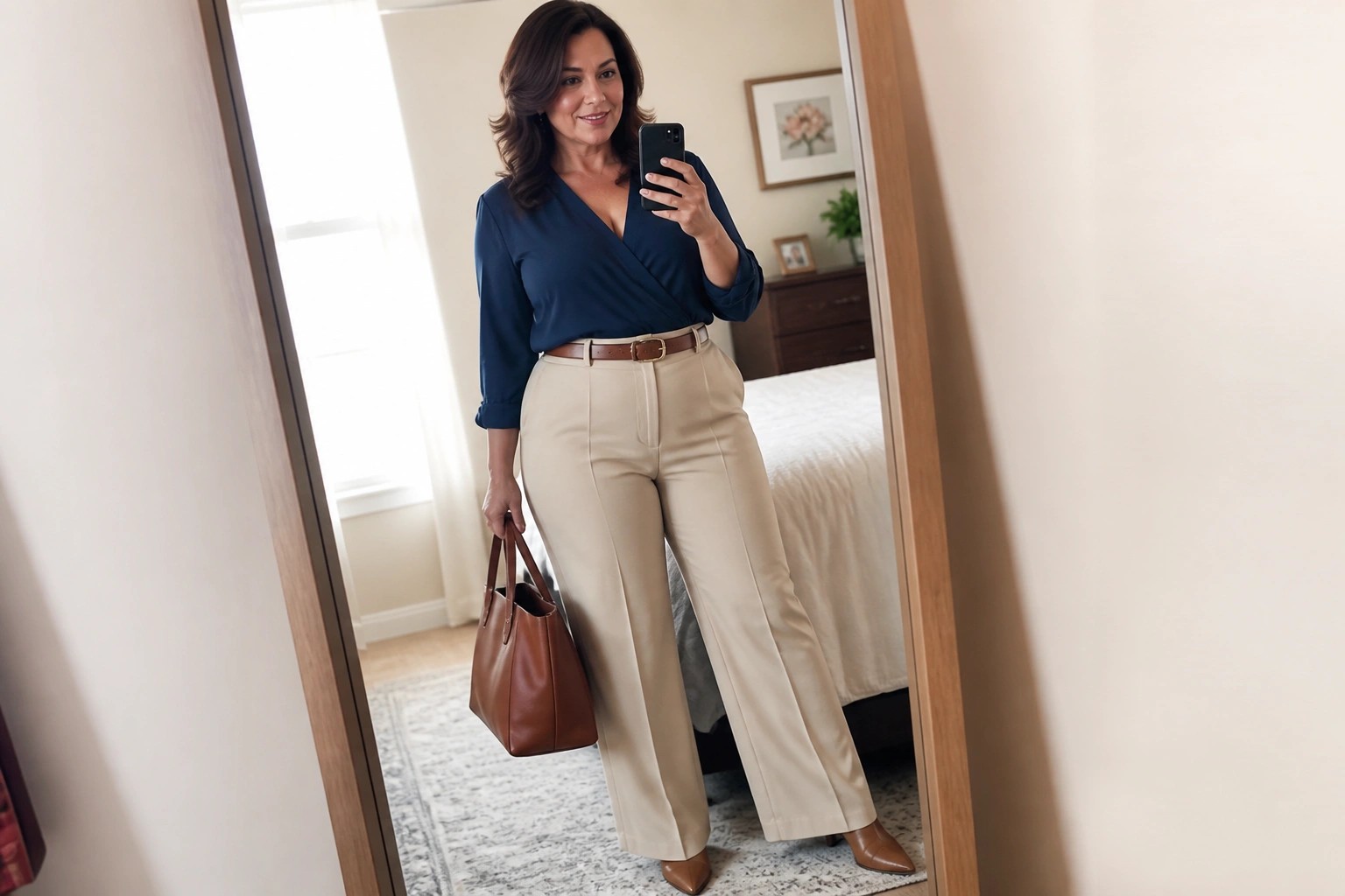 Woman in navy wrap top and beige pants taking mirror selfie with brown bag