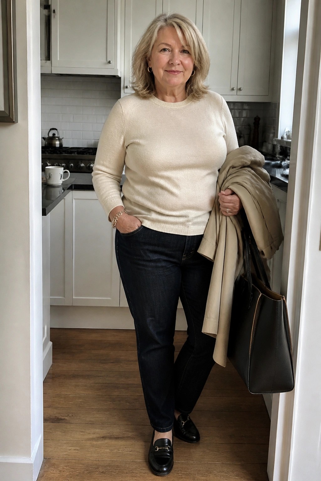 Woman in cream sweater and jeans holding beige coat and black bag in kitchen