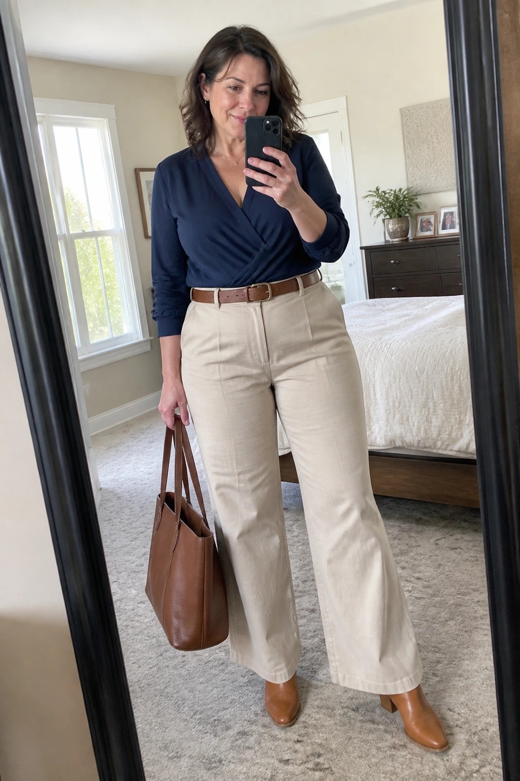 Woman in navy wrap top and beige pants taking mirror selfie with brown bag