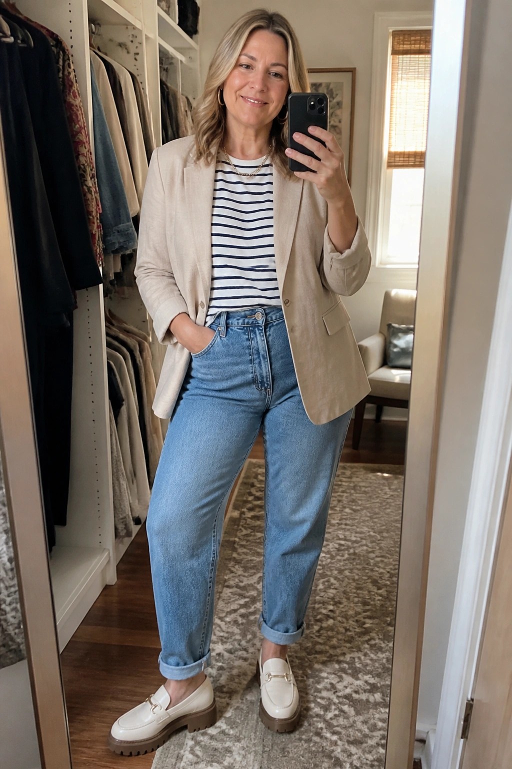 Woman in beige blazer, striped top, and jeans taking mirror selfie in closet