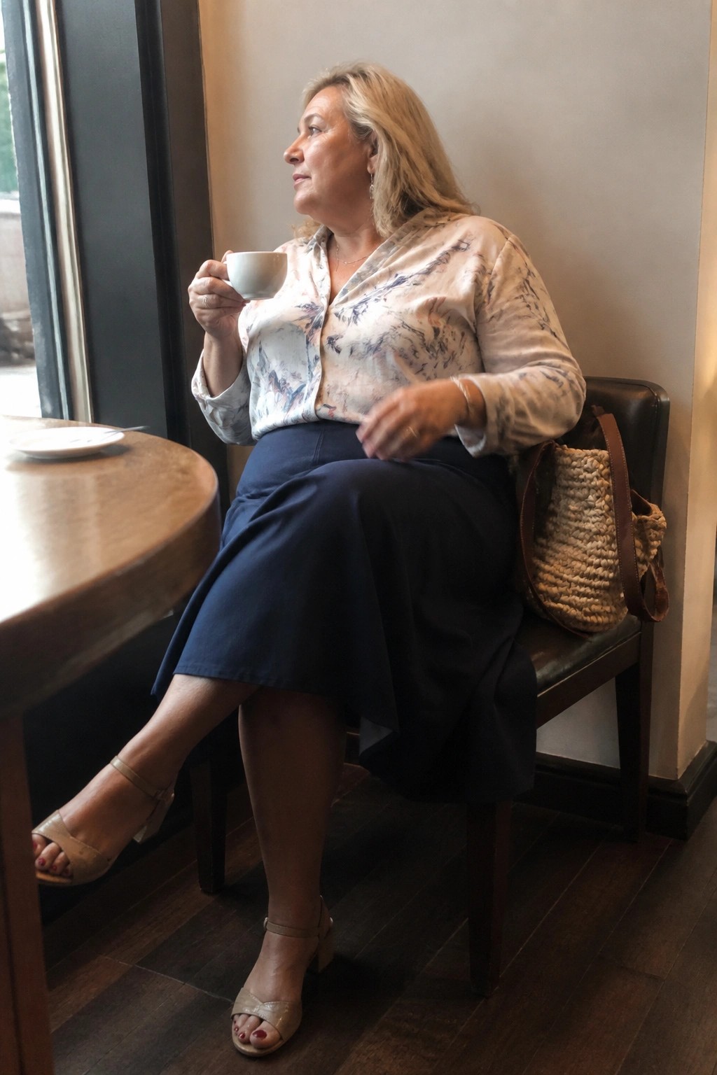 Woman over 50 in a plus size outfit featuring a light marble print button down blouse tucked into a navy midi skirt paired with beige block heel sandals and a woven shoulder bag while holding a coffee cup in a cafe setting.
