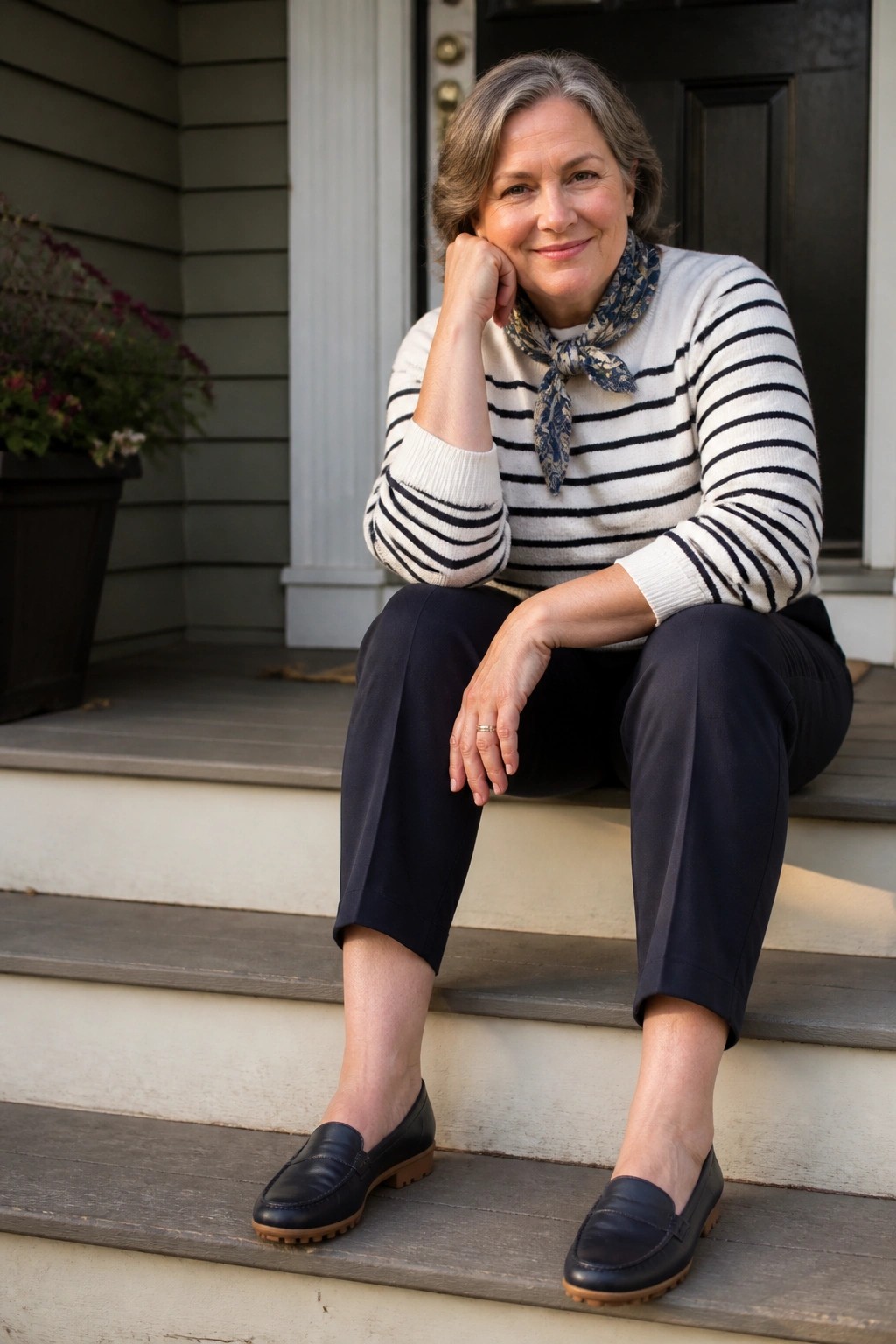 Woman with graying hair in striped sweater and scarf seated on porch steps