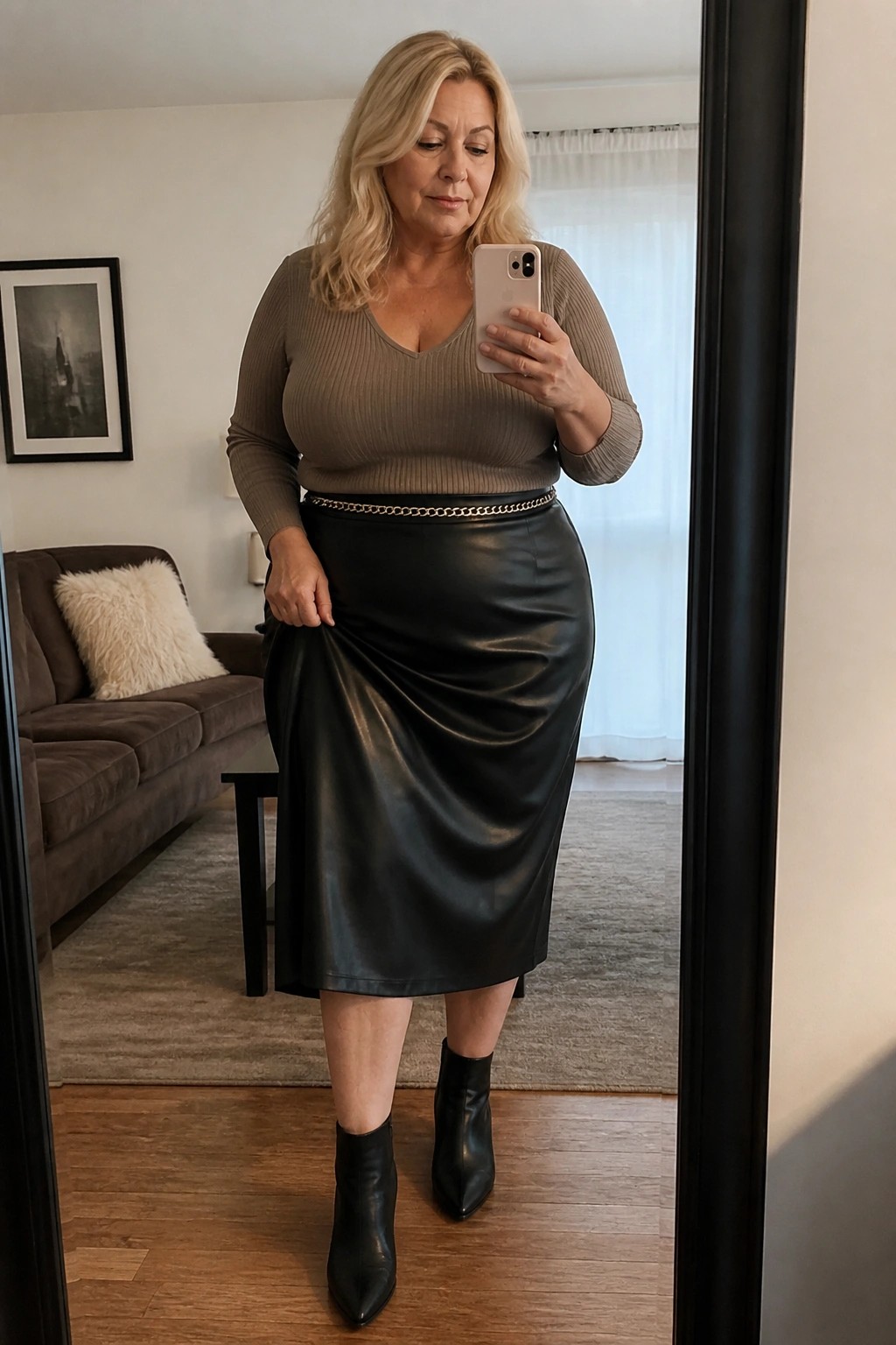 Woman in taupe sweater and black leather skirt taking mirror selfie with phone