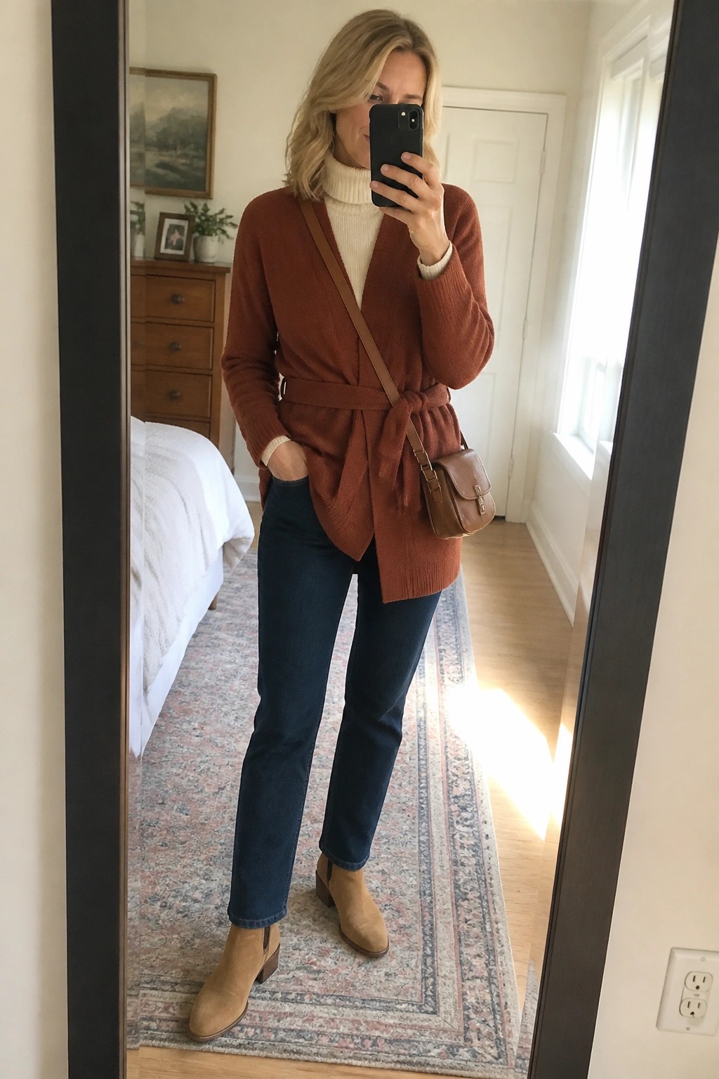 Woman wearing a rust belted cardigan over a cream turtleneck with blue jeans and tan suede boots while holding a phone for a mirror selfie.