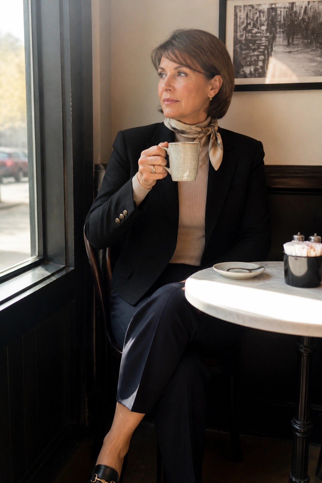 Woman over 50 wearing a black blazer over a beige ribbed turtleneck with a patterned scarf, navy pants, and black loafers with gold detail while seated at a cafe table holding a mug.