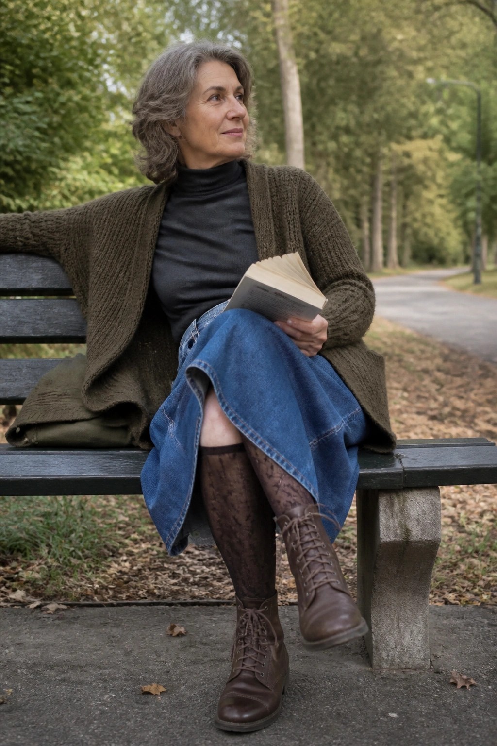 Gray-haired woman in green cardigan and denim skirt reads book on park bench