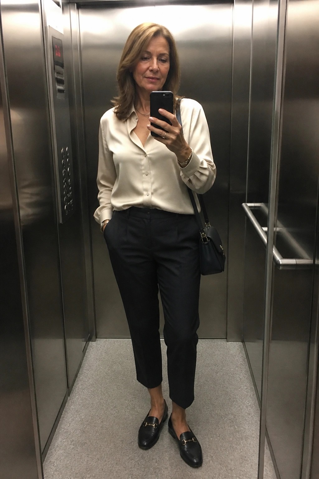 Woman in cream blouse and black pants taking selfie in elevator