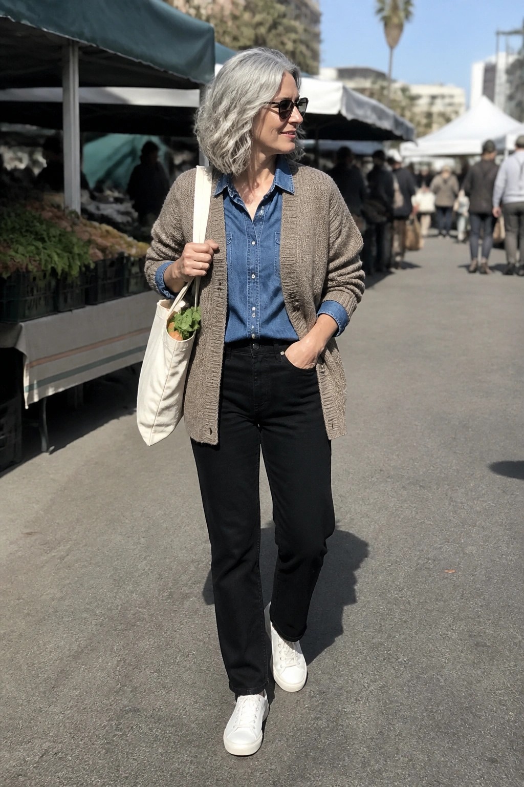 Silver-haired woman in brown cardigan over blue denim shirt at sunny market