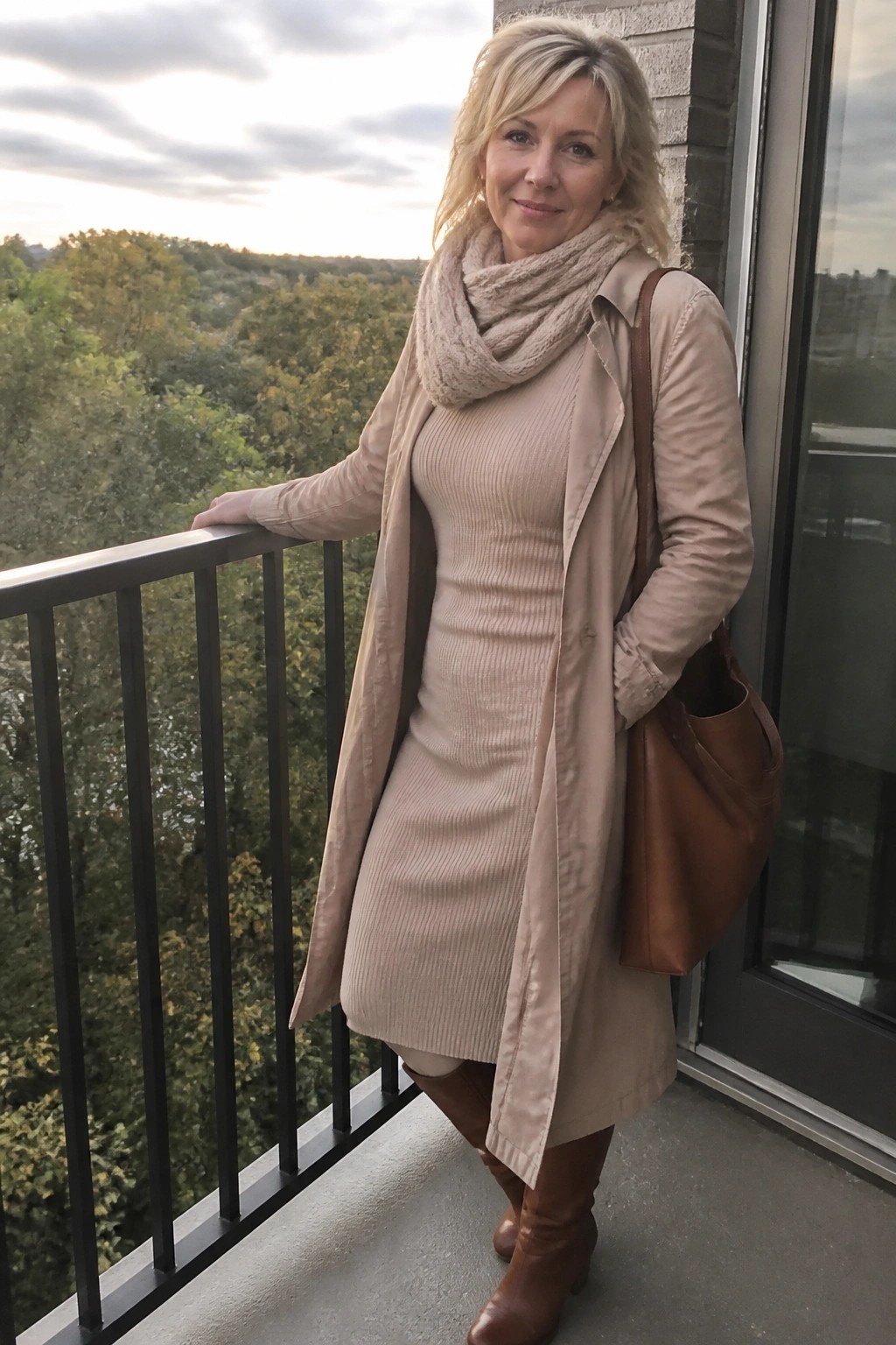 Blonde woman in beige coat and scarf leaning on balcony with brown bag