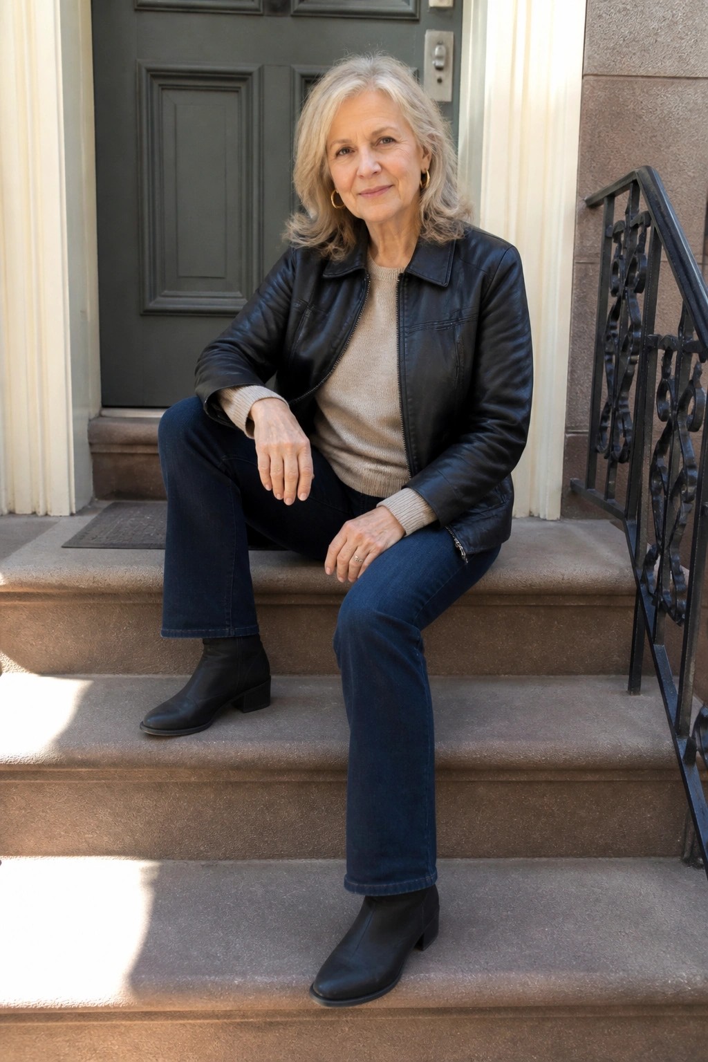 Gray-haired woman in black leather jacket sits on stone steps outside door