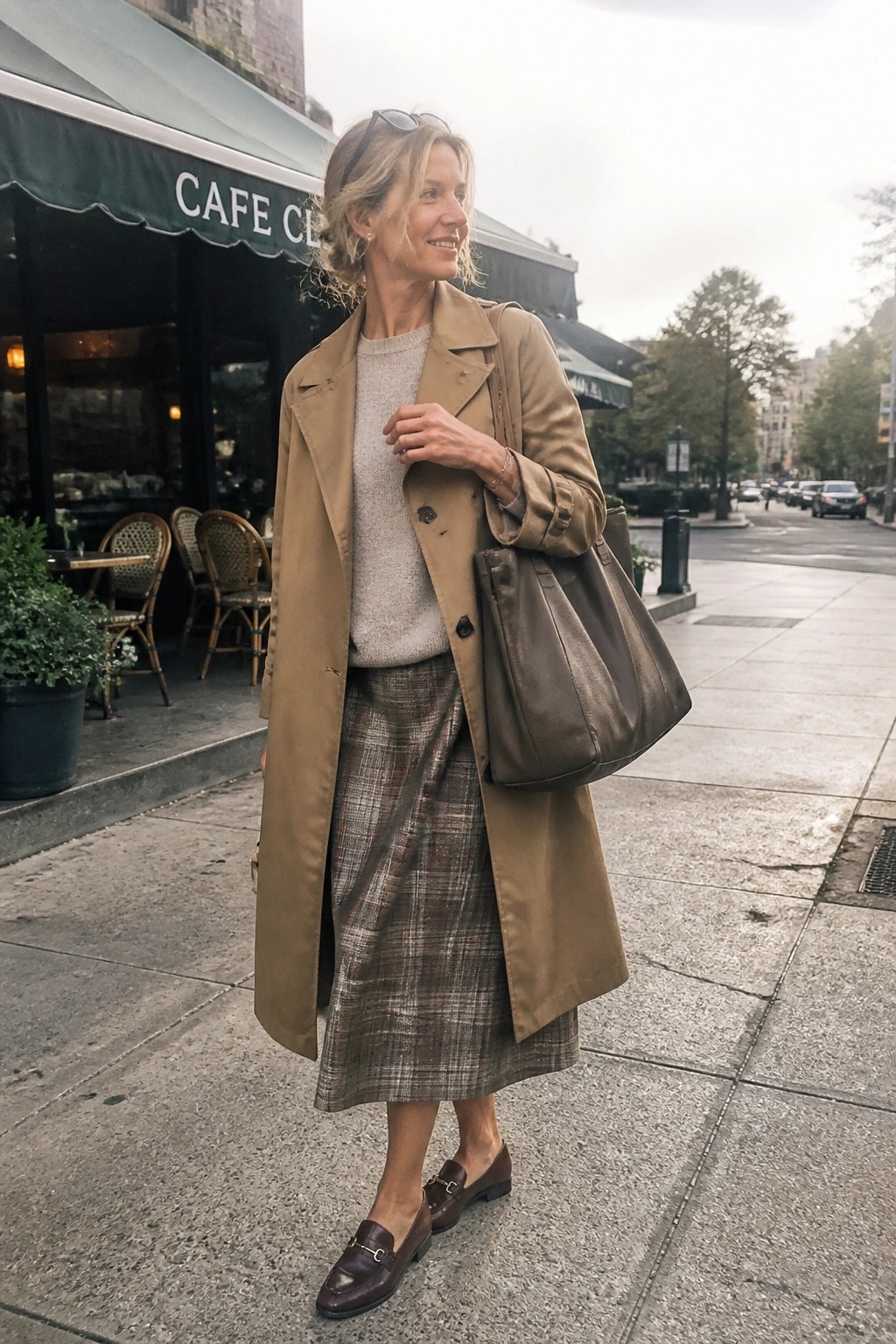 Woman in tan trench coat and plaid skirt with brown leather tote on sidewalk near cafe