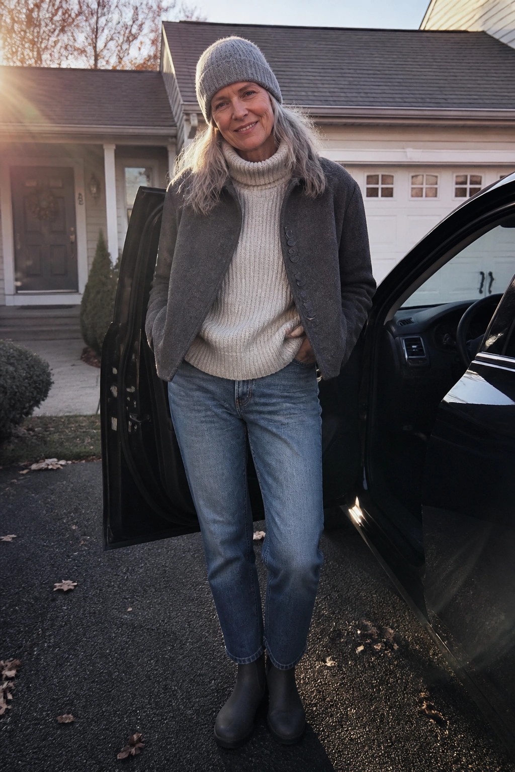 Woman over 50 in cream turtleneck sweater under gray button front jacket, blue straight leg jeans, black ankle boots, and gray knit beanie standing beside open car door.