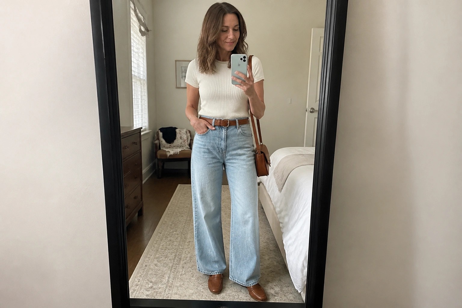 Woman in cream top and light blue wide-leg jeans taking bedroom mirror selfie