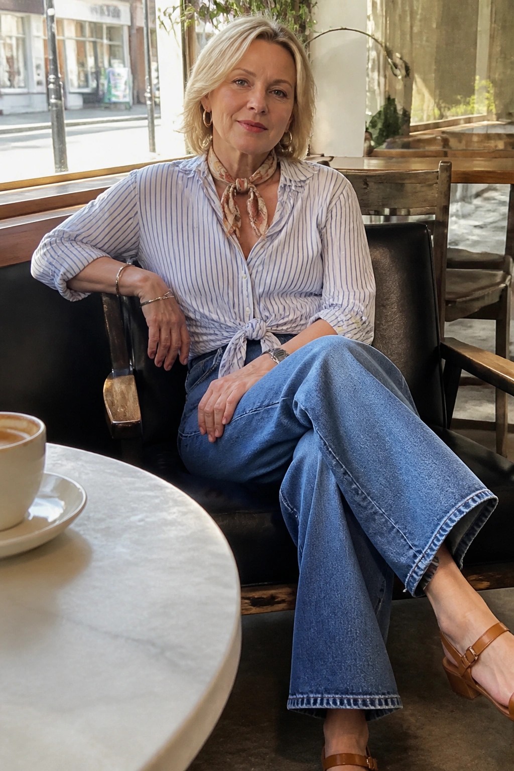 Blonde woman in striped blouse and wide-leg jeans seated at cafe table with coffee