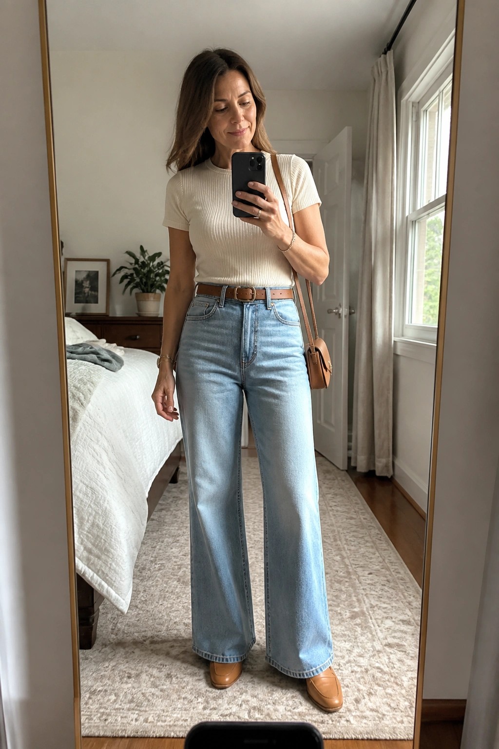 Woman in cream top and light blue wide-leg jeans taking bedroom mirror selfie