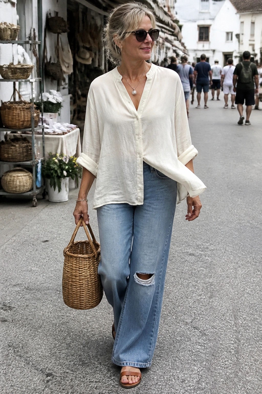 Woman in white blouse and ripped jeans carrying wicker basket on street