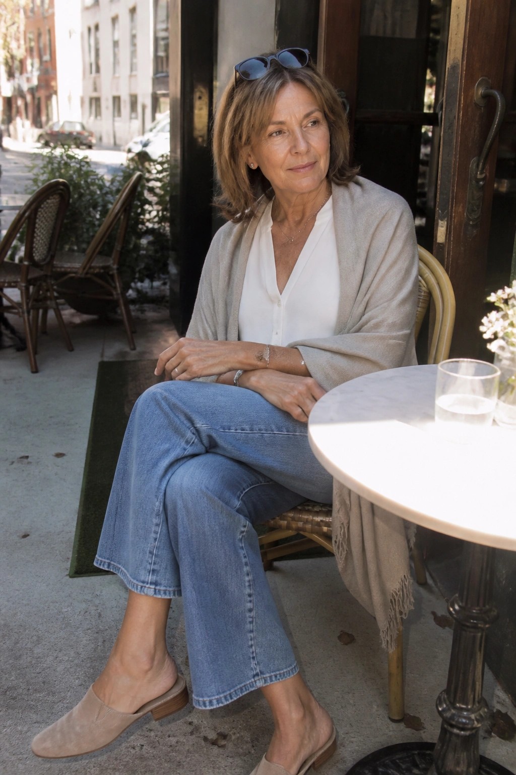 Woman in white blouse and beige cardigan sits at outdoor cafe in blue jeans