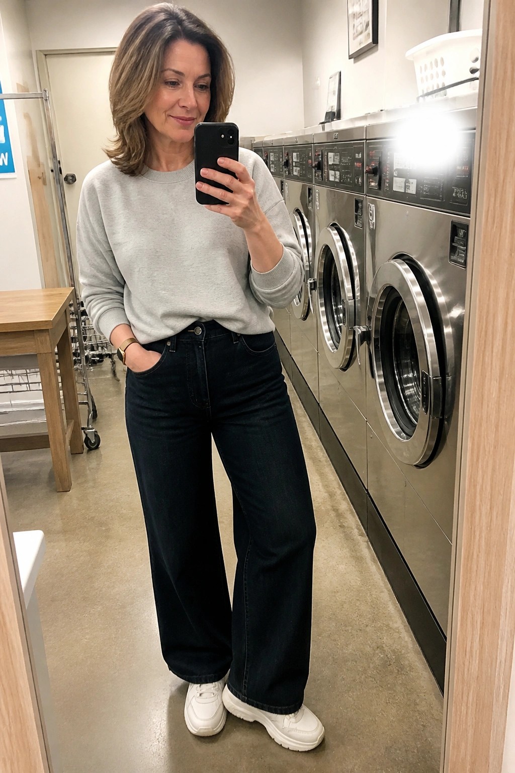 Woman in gray sweatshirt and dark wide-leg jeans taking laundromat mirror selfie