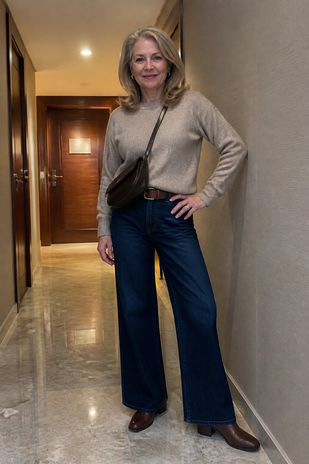 Blonde woman in beige sweater and wide-leg jeans with brown bag in hallway