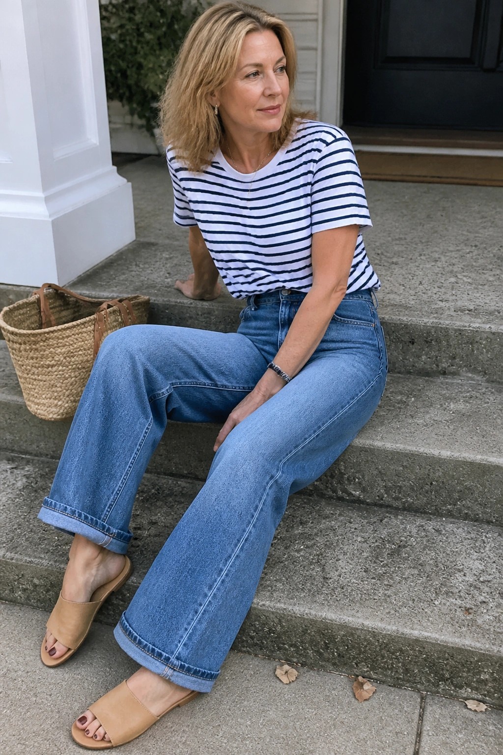 Blonde woman in striped tee and wide-leg jeans sits on stone steps with woven bag.
