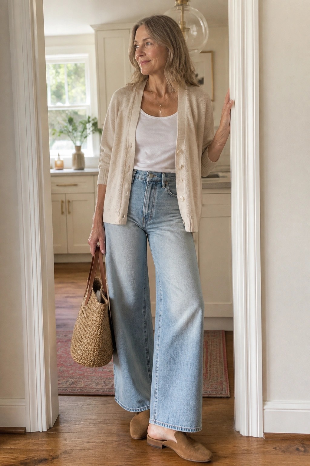 Gray-haired woman in beige cardigan and wide-leg jeans holding woven bag in doorway