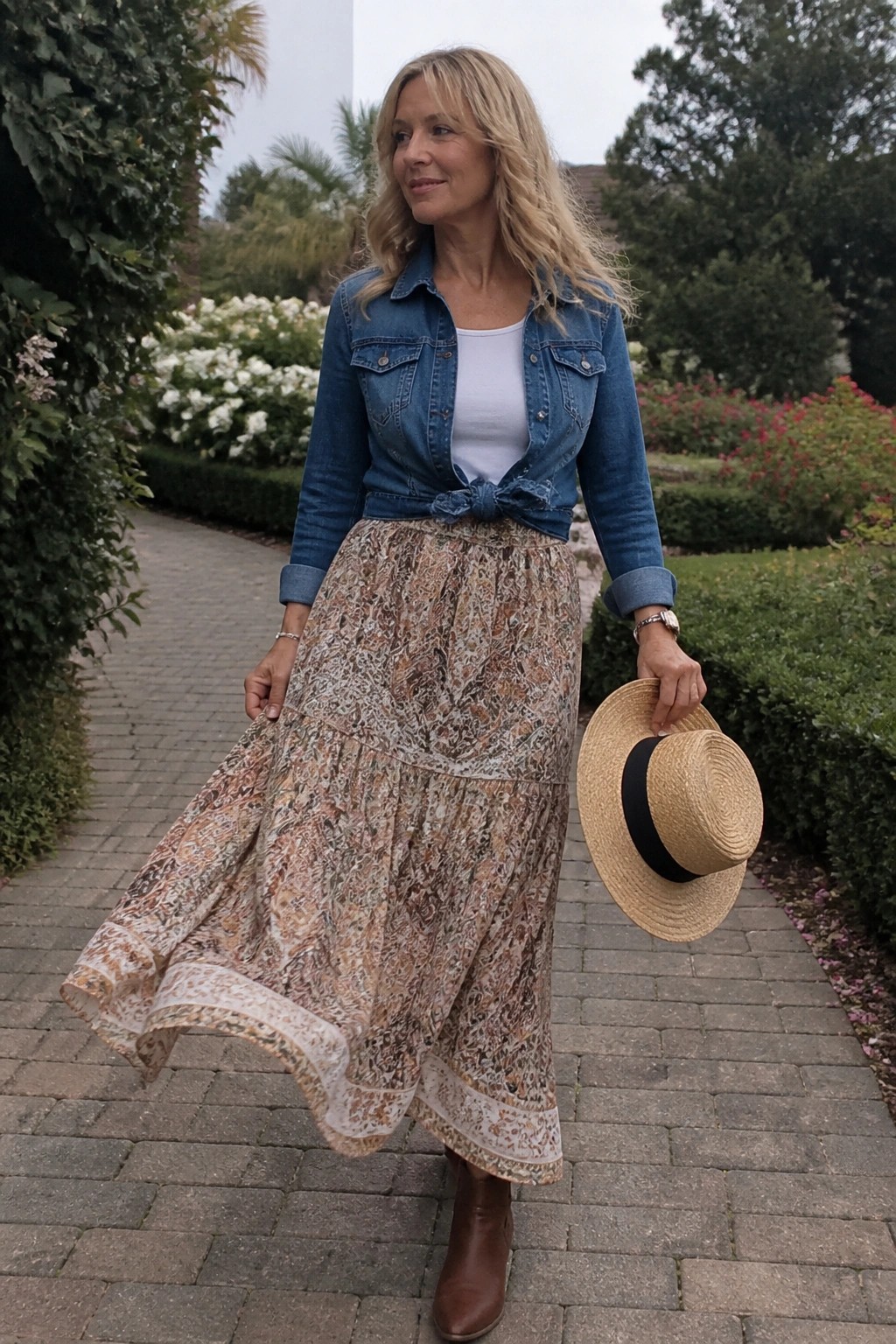 Woman over 50 in blue denim jacket knotted at waist over white top paired with long tiered patterned skirt in brown tones brown ankle boots and holding straw hat.