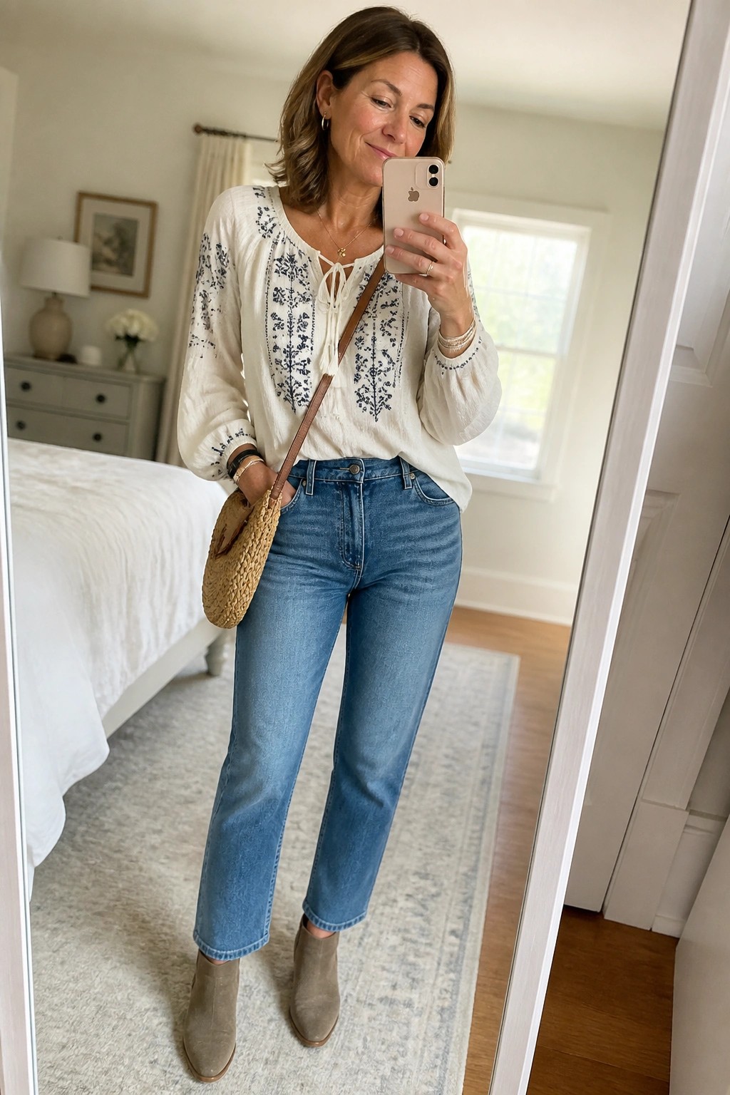Woman in embroidered white blouse and blue jeans taking mirror selfie in bedroom