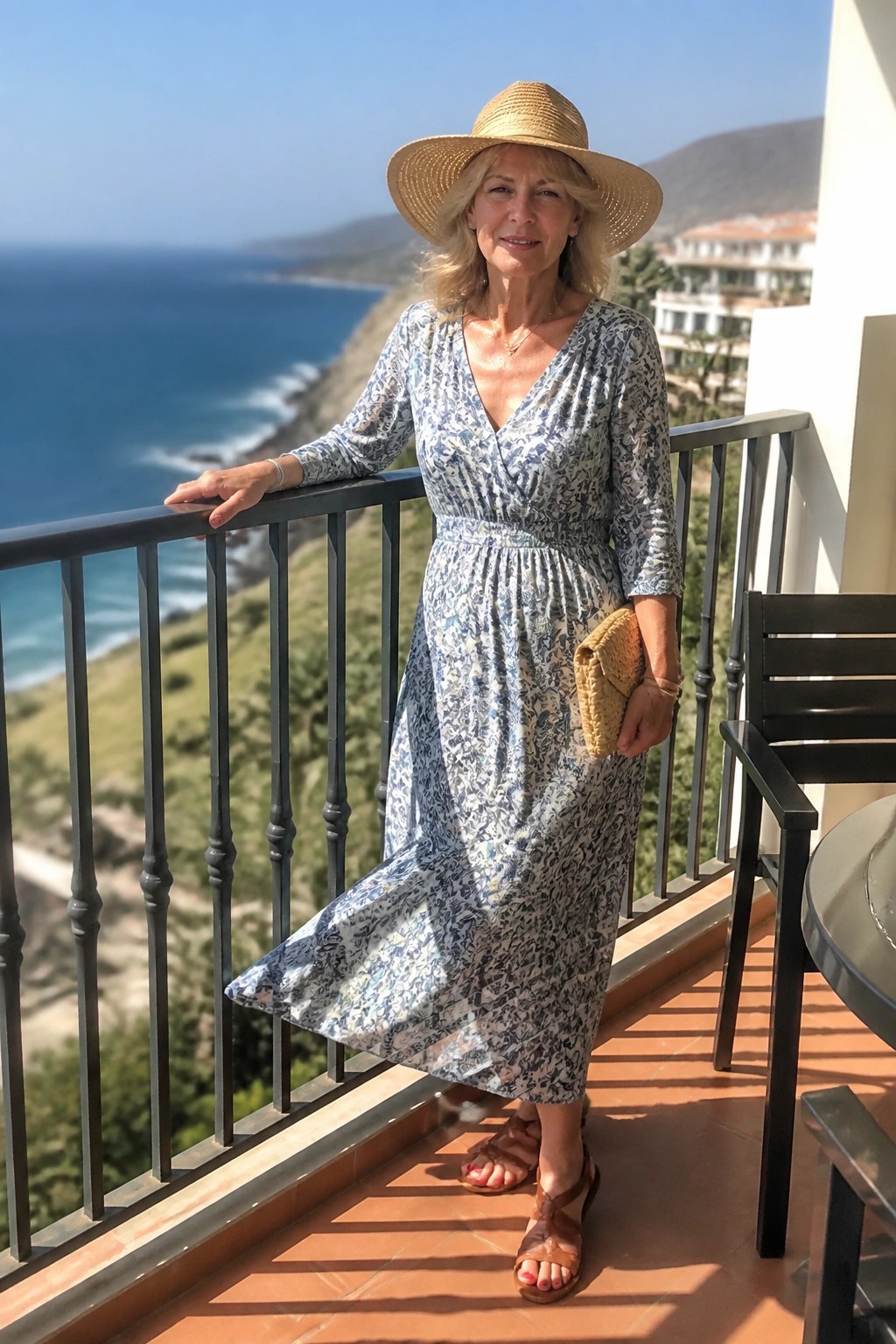 Woman in blue floral dress and straw hat on ocean-view balcony